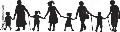 Silhouettes of a multi-generational family including grandmothers and children holding hands while walking with canes, symbolizing heritage, senior care, family support, and togetherness.