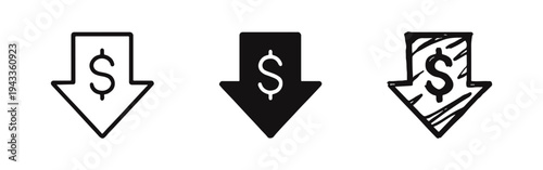 Dollar Price Decrease Icon Set - Financial Decline, Discount, and Cost Reduction Symbols.