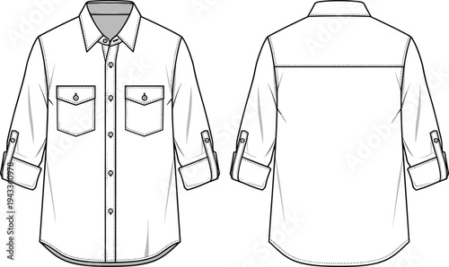 Men's Long Sleeve Button Down Utility Shirt Technical Flat Sketch, Roll Up Sleeve Workwear Top CAD Drawing, Fashion Vector Template Illustration
