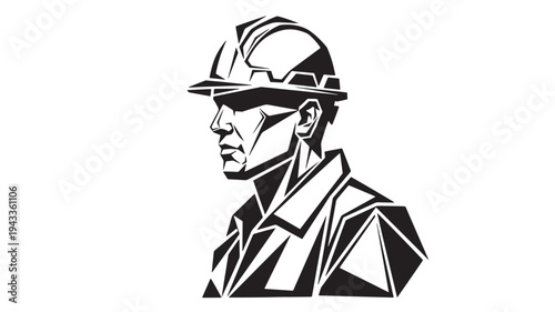 Geometric Man Wearing Hard Hat In Black And White For Industrial Concepts on transparent background