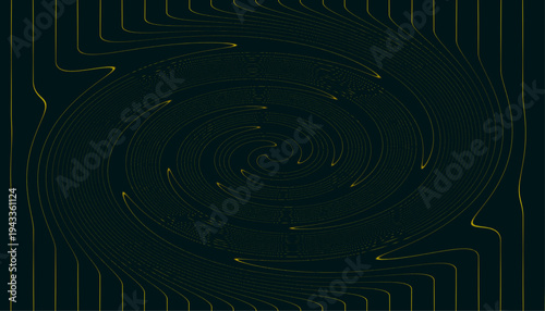 This stunning abstract vector graphic illustration features a deep dark teal background adorned with intricate, glowing golden lines that coalesce into a hypnotic central spiral, complemented by fluid