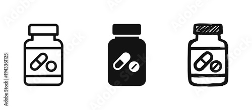 Medicine Bottle and Pills Icons - Pharmacy and Healthcare Symbols for Treatment and Medication.