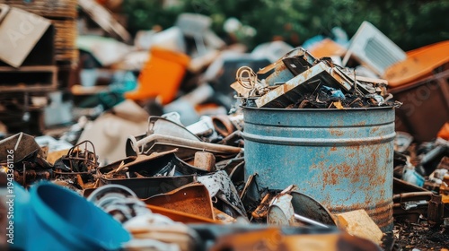 Piled industrial scrap metal with rusting equipment and toxic residue, showcasing detailed textures under soft light in an industrial area.