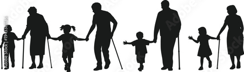 Silhouettes of grandparents holding hands with grandchildren while walking with canes, representing multigenerational family support, senior care, childhood innocence