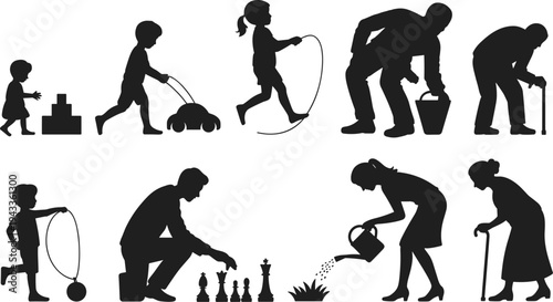 Silhouettes of people across generations engaged in various activities including gardening, playing chess, jumping rope, and using mobility aids to represent the cycle of life.