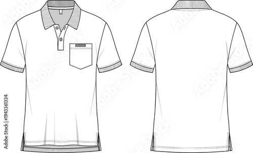 Men's Short Sleeve Polo Shirt Technical Flat Sketch, Chest Pocket Cotton Pique Top CAD Drawing, Fashion Vector Template Illustration for Design