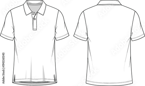Men's short sleeve polo shirt technical flat sketch, classic button neck vector illustration, apparel design template, fashion CAD drawing illustration.