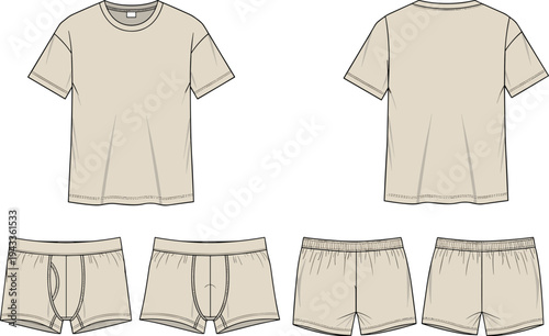 Men's underwear and t-shirt technical flat sketch, boxer briefs and tee vector illustration, sleepwear apparel design template, fashion CAD drawing.