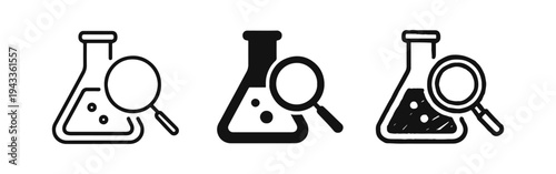 Scientific Research Icons - Laboratory Flask with Magnifying Glass Representing Chemical Analysis and Discovery