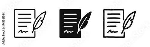 Writing and Authorship Icons - Document with Quill Pen Symbol Representing Legal Agreement or Creative Work