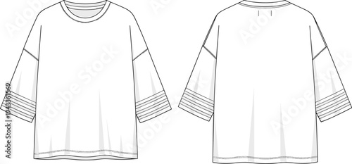 Oversized drop shoulder t-shirt technical flat sketch, streetwear tee vector illustration, front back view apparel design template, fashion CAD drawing.