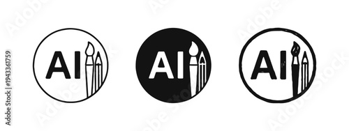 AI and creative art icon set. Artificial intelligence with paint brush and pencil symbols in outline, solid, and hand-drawn styles.