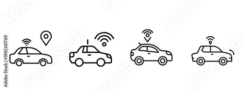 Car navigation and GPS tracking outline icon set with vehicle map pin, digital auto location, wireless transport route direction more vector illustration or editable stroke.