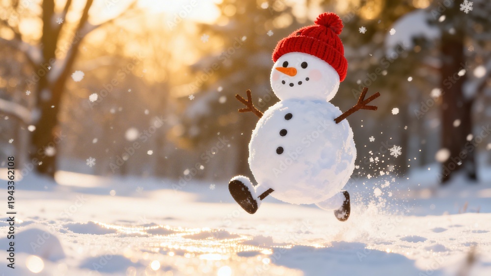 Fototapeta premium Whimsical Winter Snowman Collection: Cheerful Snowmen (In Red Hats, Plaid Scarves & Top Hats) in Varied Snowy Settings (Snowy Forest, Sunlit Path, Pine Tree Backdrop, Open Winter Field) for Christmas,