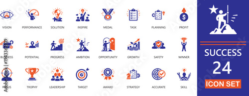 Business success icons of growth, victory, leadership, performance, champion, trophy,  achievement, and personal motivation symbols.