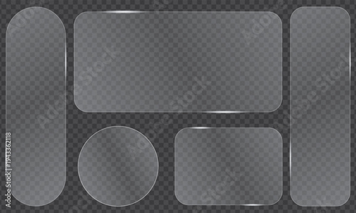 Transparent Glass Panels: A collection of various transparent glass panels with rounded and rectangular shapes, presenting a modern design aesthetic for creative projects.