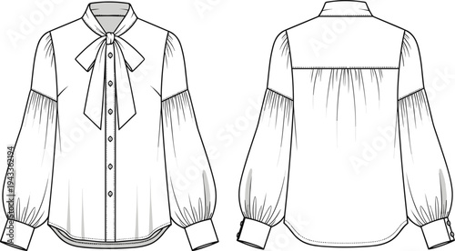 Women's pussy bow blouse technical flat sketch, tie neck bishop sleeve shirt vector illustration, apparel design template, fashion CAD drawing.