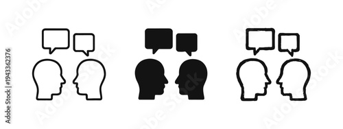 Communication and discussion icon set. Dialogue and conversation with two people talking symbols in outline, solid, and hand-drawn styles.