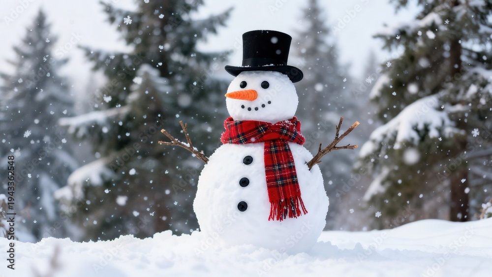 Fototapeta premium Whimsical Winter Snowman Collection: Cheerful Snowmen (In Red Hats, Plaid Scarves & Top Hats) in Varied Snowy Settings (Snowy Forest, Sunlit Path, Pine Tree Backdrop, Open Winter Field) for Christmas,