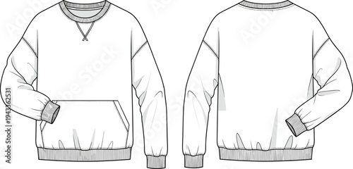 Mens casual crewneck sweatshirt with kangaroo pocket and ribbed cuffs tech pack front and back view cad drawing flat vector illustration