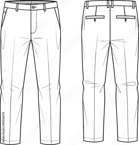Mens classic chino trousers tech pack with side pockets and welt back pockets, front and back view, cad drawing flat vector illustration