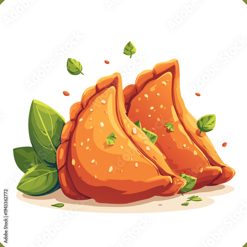 Vector illustration of crispy samosas snacks served with fresh mint leaves for food menu isolated on a white background