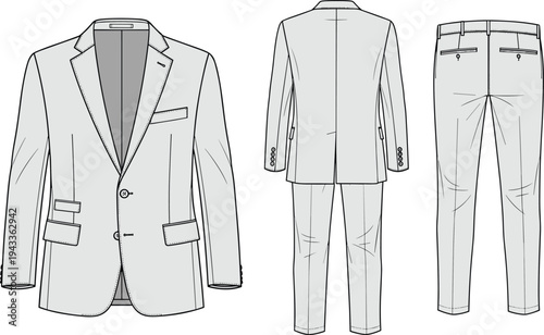 Mens elegant formal two piece suit tech pack including blazer jacket and tailored trousers front back view cad drawing flat vector illustration