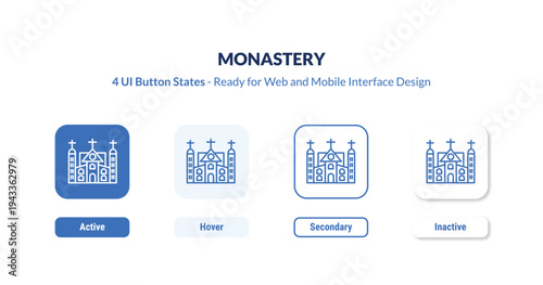 monastery 4-state UI button. Outline icon kit from religion collection. Thin linear monastery, church, religious editable vector. Minimal monastery sign for web and mobile interface