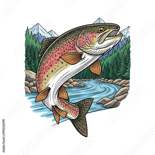 Rainbow trout jumping over river in mountain forest vintage illustration