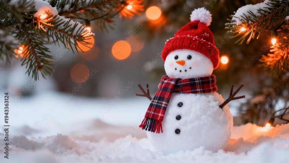 Fototapeta premium Whimsical Winter Snowman Collection: Cheerful Snowmen (In Red Hats, Plaid Scarves & Top Hats) in Varied Snowy Settings (Snowy Forest, Sunlit Path, Pine Tree Backdrop, Open Winter Field) for Christmas,