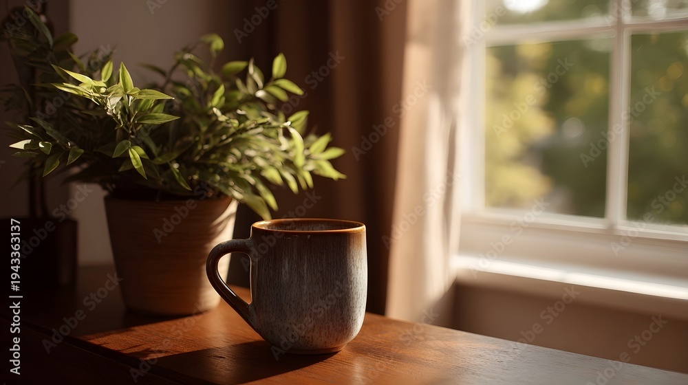 Fototapeta premium A tranquil moment in a cozy indoor setting with natural lighting and greenery