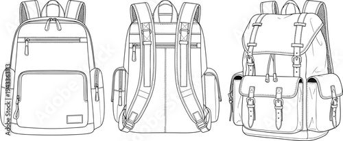 Travel backpack collection featuring classic zipper bag and rucksack with buckle straps front and back view cad drawing flat vector illustration