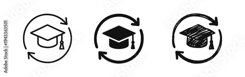 Continuous Learning and Education Icon Set: Graduation Cap with Arrows Symbol in Outline, Solid, and Hand-drawn Styles
