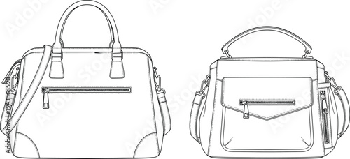 Womens elegant satchel and crossbody handbag set with zipper details front view cad drawing flat vector illustration for fashion design