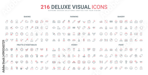 Bakery, dishes for breakfast, lunch menu, honey and farming line icon set. Electrical appliance and chef tools to cook and bake in kitchen thin black and red outline symbols vector illustration