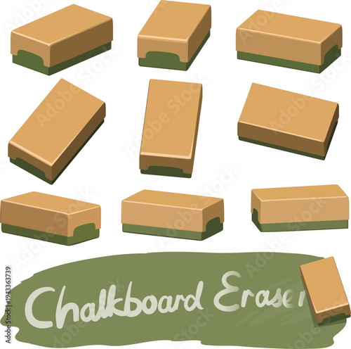Nine chalkboard erasers displayed from various angles.