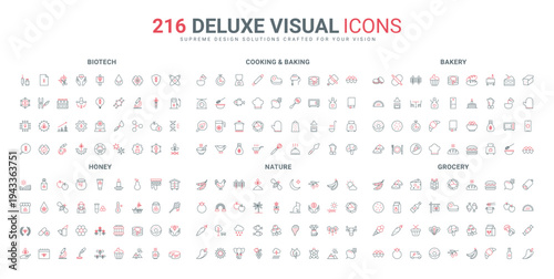 Grocery and bakery, biotech line icon set. Kitchen equipment and products for cooking, nature, honey production, genetic mutation, DNA research thin black and red outline symbols vector illustration