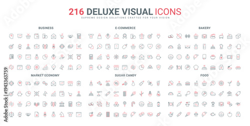 Food and drink, bakery and cereal products from oven, market economy, ecommerce line icon set. Savings and online sales, economic growth thin black and red outline symbols vector illustration