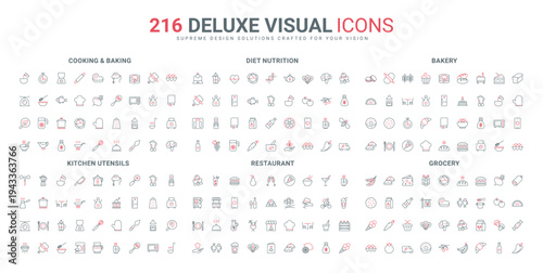 Bakery and grocery store products, kitchen utensils for cooking and baking line icon set. Order in cafe or restaurant, healthy food diet thin black and red outline symbols vector illustration