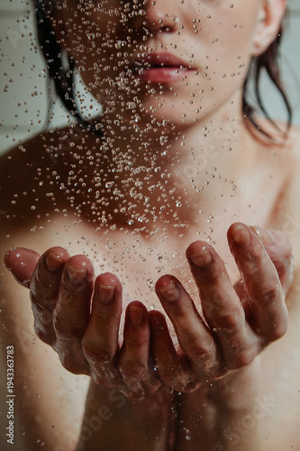Hands Catching Water Drops with Blurred Female Portrait