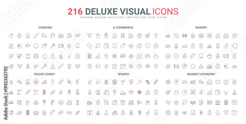 Ecommerce and economy, rating and share information and likes, winery line icon set. Wheat loaf and pizza, croissant to bake in bakery, cooking thin black and red outline symbols vector illustration