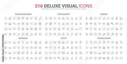 Insurance, investment risk protection strategy, safety in workplace line icon set. Cybersecurity from hacker attack, bug and spyware virus thin black and red outline symbols vector illustration