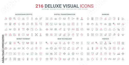Fintech and decentralized system, virtual money payment and bank investment, cryptocurrency line icon set. Blockchain, new technology, privacy thin black and red outline symbols vector illustration