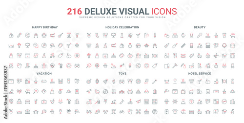 Fun celebration of public holidays and birthday, gift box and toys, makeup and spa items line icon set. Hotel accommodation and vacation thin black and red outline symbols vector illustration