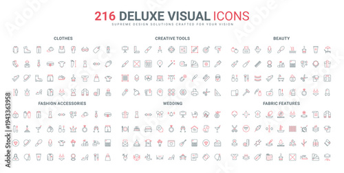 Wedding contract and party celebration, fashion clothes and beauty cosmetics, fabric feature line icon set. Creative brainstorm for idea, thin black and red outline symbols vector illustration