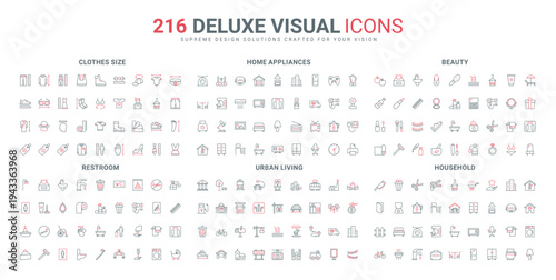 Beauty, household and city buildings line icon set. Guide charts to measure body, furniture and electrical appliances for home apartments thin black and red outline symbols vector illustration