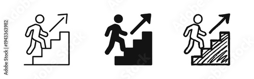Person Climbing Stairs with Upward Arrow Icons - Growth, Progress, and Career Advancement Symbols