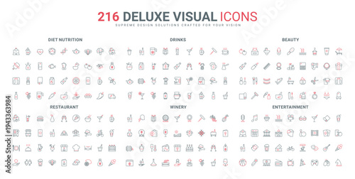 Beauty spa and makeup, drink and wine, food menu of bar restaurant line icon set. Cooking healthy nutrition, music video and entertainment thin black and red outline symbols vector illustration