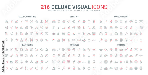 Lab experiment and science research, genetics medical test and healthcare line icon set. Molecular structure, atoms connections and reaction thin black and red outline symbols vector illustration