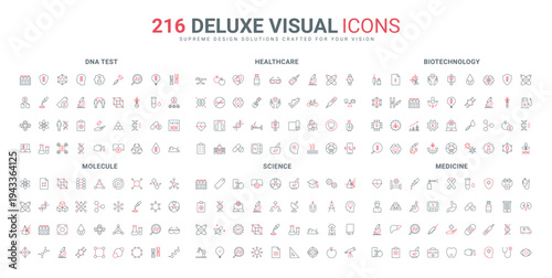 Science research and experiment, education, biotech and medicine line icon set. Molecule and molecular model of chemical substance, DNA test thin black and red outline symbols vector illustration